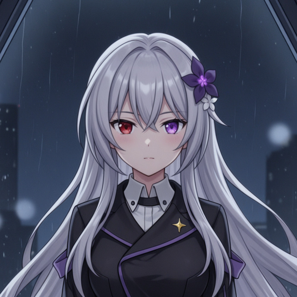 Portrait of Evangeline with long silver hair, one red eye and one violet eye, and a purple flower hair ornament