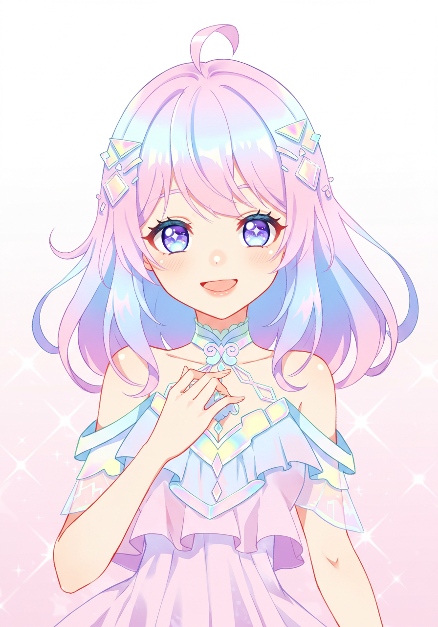 Portrait of Rina with a curled ahoge, pastel pink, blue, and purple hair, deep-blue eyes, and a light-blue fantasy outfit
