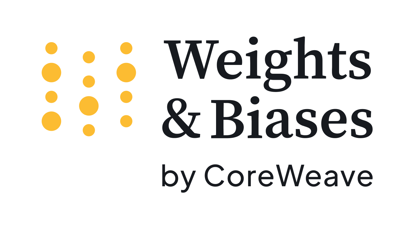 Weights & Biases logo with gold dot columns, the company name, and a by CoreWeave endorsement