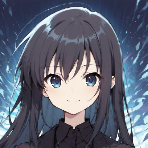 Anime-style original character with long charcoal hair, blue-gray eyes, pale skin, and black clothing against an abstract blue background